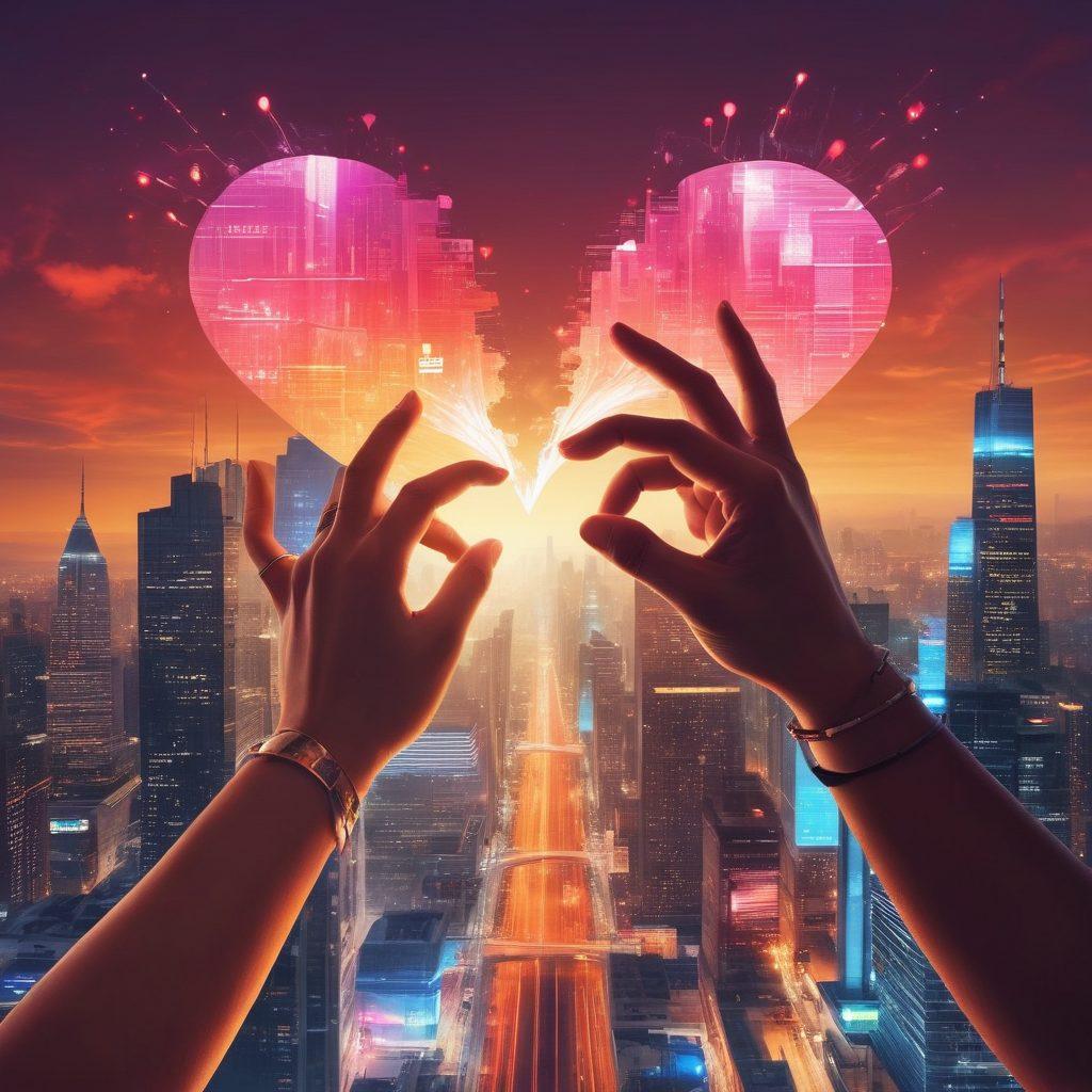 A captivating digital collage showcasing two hands reaching out towards each other with digital hearts connecting them, symbolizing the evolution of affection. The background features a blend of social media icons and a glowing city skyline to represent the digital age. Include warm colors and light flares to evoke emotion and connection. Infuse a touch of retro aesthetics to highlight the P2P aspect. vibrant colors. super-realistic. cyberpunk.