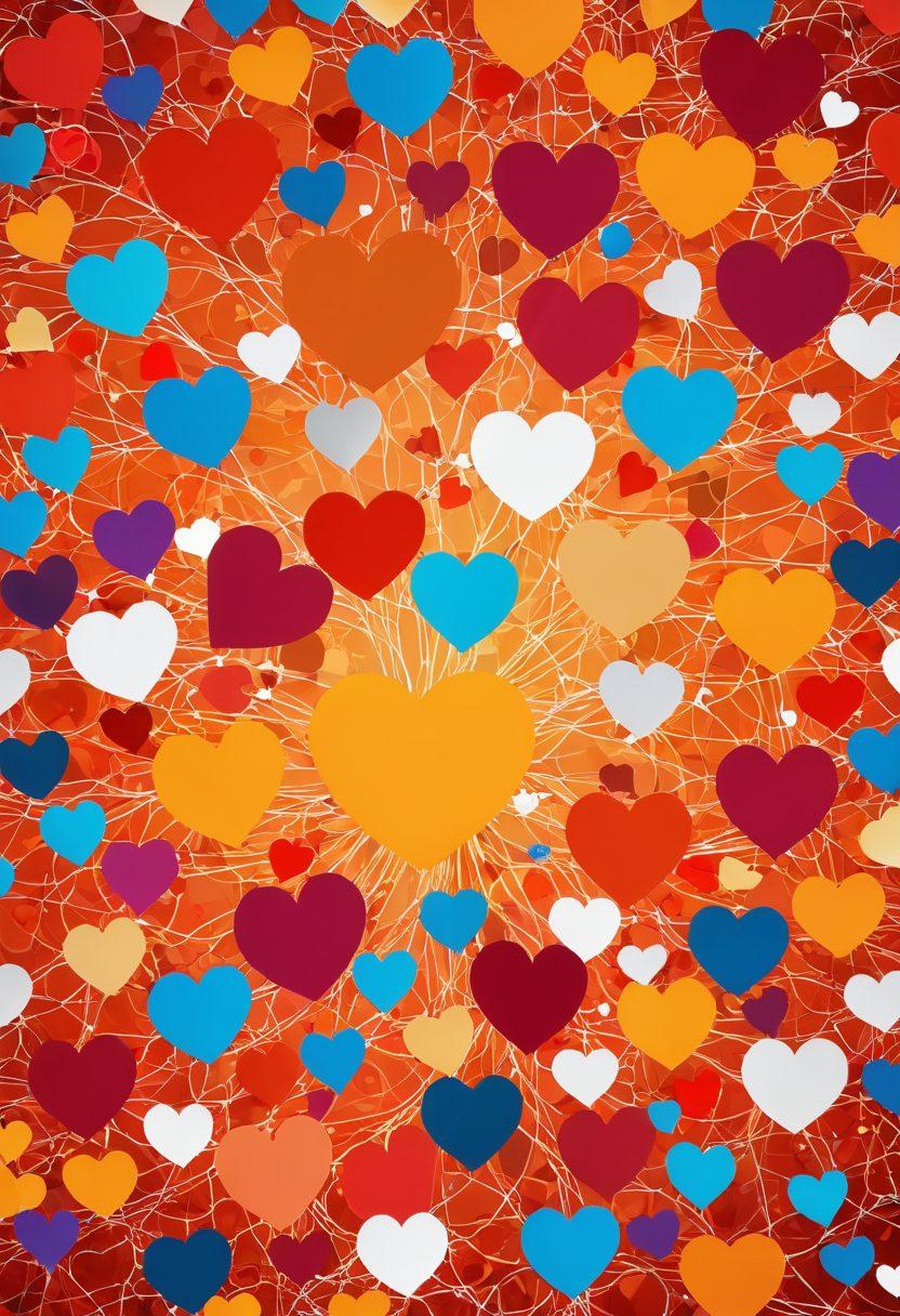 A network of interconnected hearts and digital file icons, symbolizing the bond created through torrenting. Include swirling data streams and a backdrop of diverse people engaging and sharing with each other, emphasizing connection and community. Use a warm color palette to evoke emotions of camaraderie and trust. super-realistic. vibrant colors. digital art.