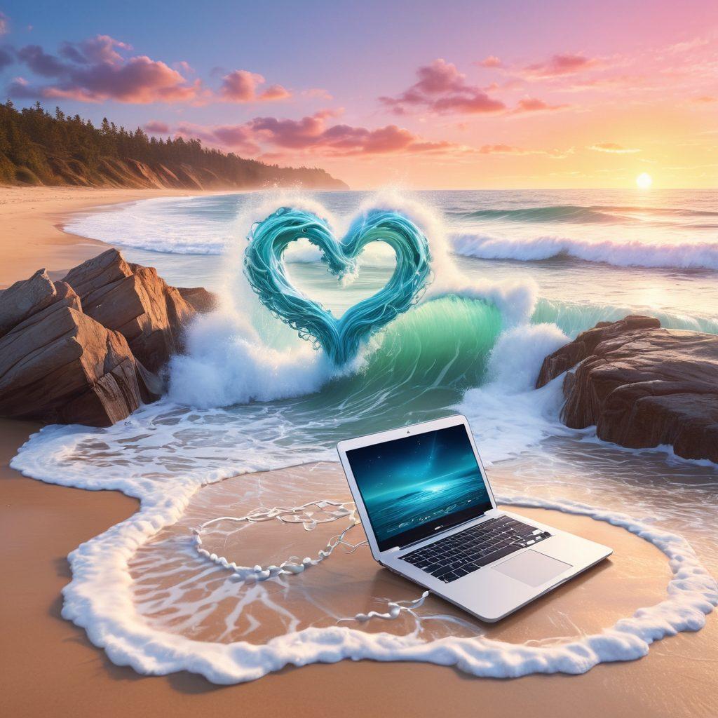 A whimsical illustration of a heart-shaped torrent wave crashing against a digital shore, with binary code flowing like water, symbols of love like hearts and flowers swirling in the tide. A couple sitting on the beach, intertwined, surrounded by glowing gadgets that represent online romance. Soft pastel colors with a dreamy atmosphere. vibrant colors. digital art.